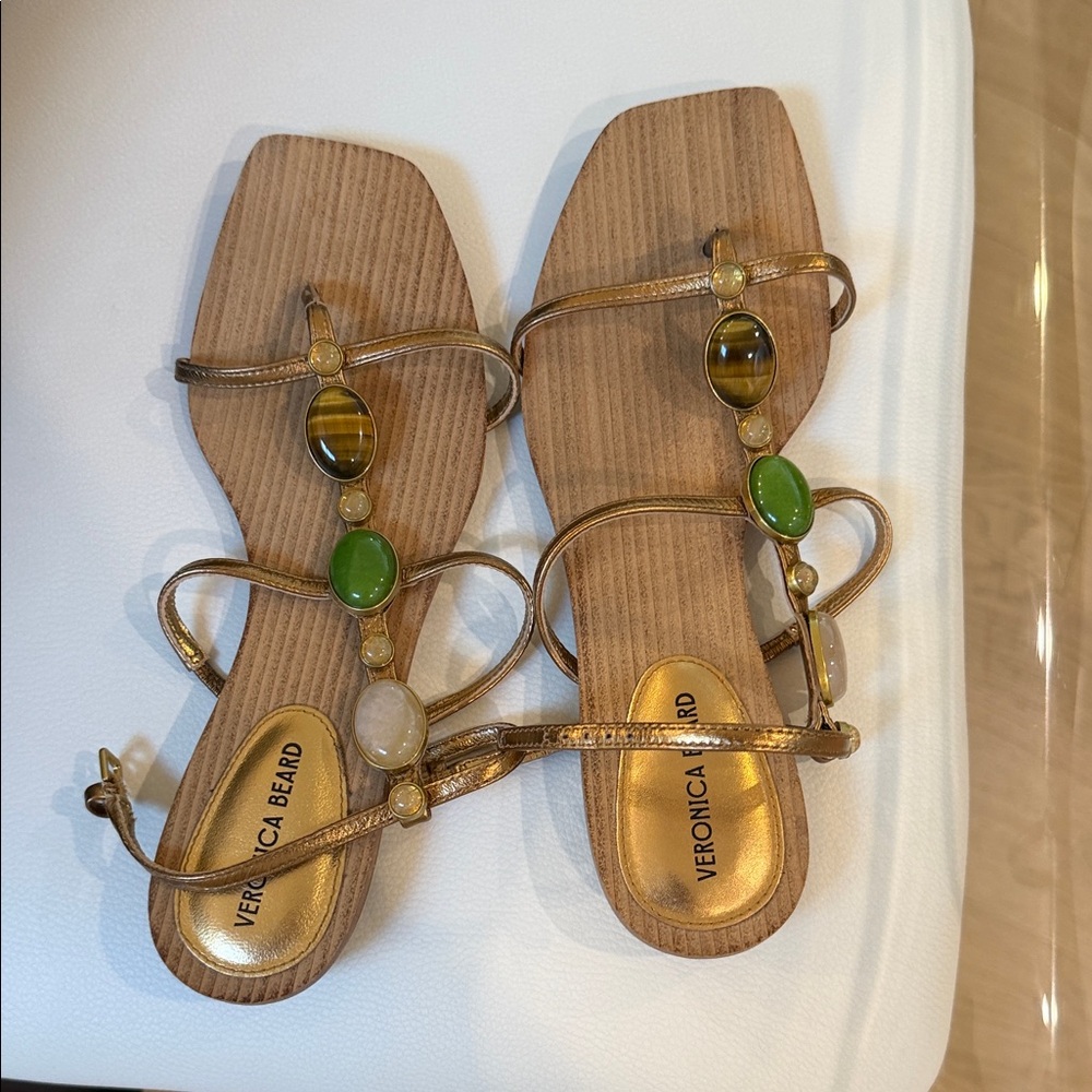 Veronica Beard Gold Leather Gem-Embellished Women's Sandals - Green Accent